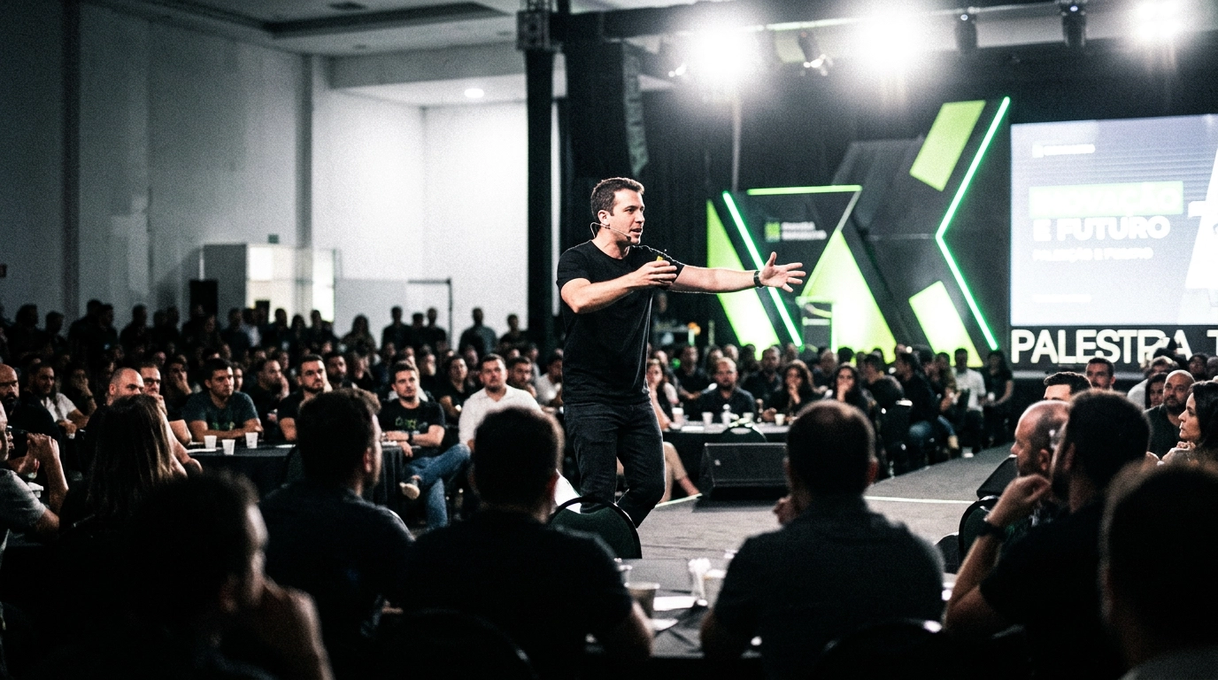Homem de camiseta preta gesticula no palco durante uma palestra para uma grande plateia sentada em um auditório. Ao fundo, há um telão com a palavra 'PALESTRA' visível e elementos de iluminação em verde neon.