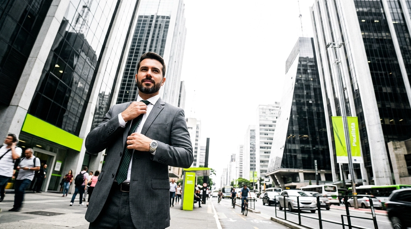 Homem de terno cinza e gravata verde ajustando o nó da gravata na calçada da Avenida Paulista, em São Paulo, com prédios comerciais altos ao fundo e trânsito de carros na rua.