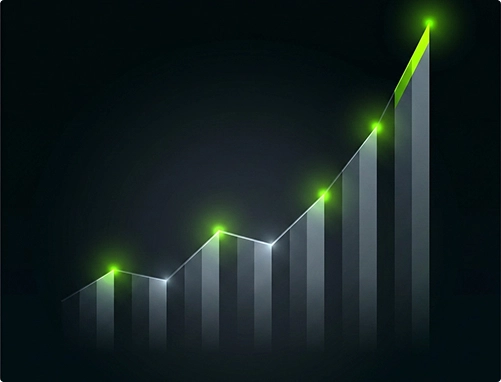 Gráfico de barras verticais em ordem crescente com uma linha de tendência que sobe acentuadamente até o topo. O gráfico possui estética moderna em tons de cinza escuro com pontos de luz e o topo iluminados em verde neon, simbolizando crescimento, conversão e sucesso de mercado.